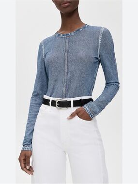 Rag & Bone Antonia Miramar Denim-Effect Long Sleeve Mesh Top Faded Blue size XXS